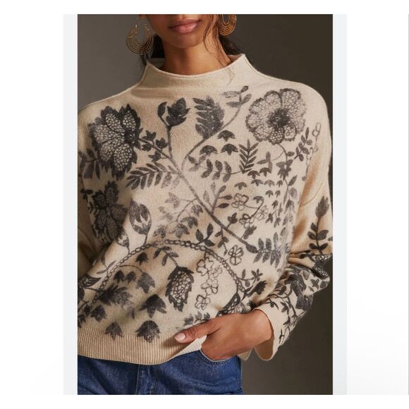 Anthropologie The Alani Cashmere Mock-neck Sweater Beige Floral Pilcro Small - Picture 11 of 16